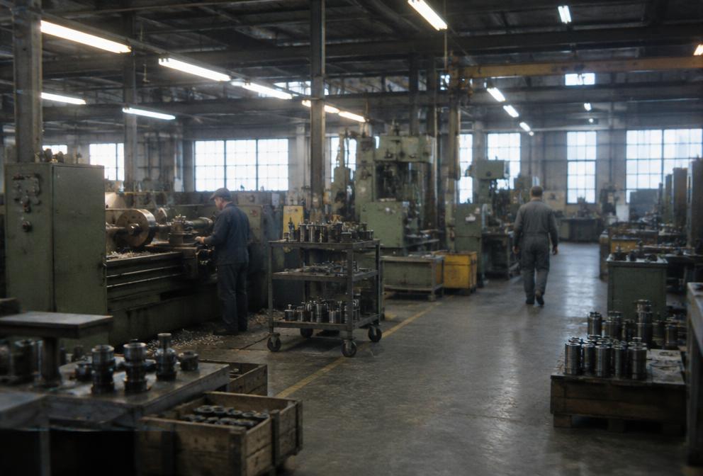 Workers among machinery on a factory floor