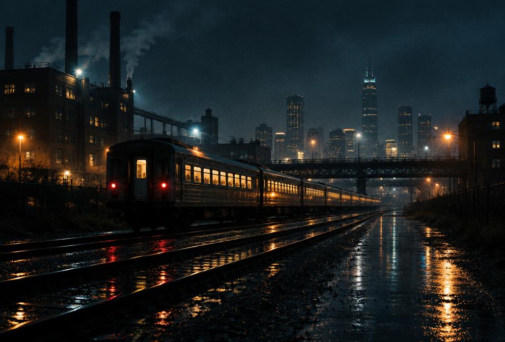 Passenger train crossing a rain-wet city at night